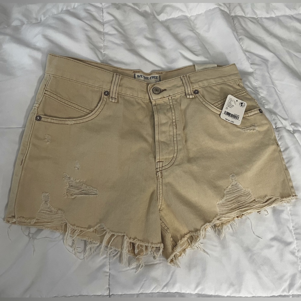Free People Now or Never Distressed Denim Shorts Size 27 Ecru